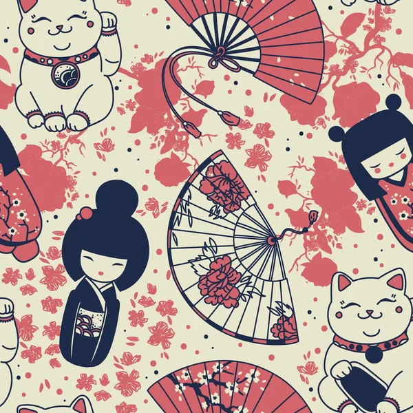 Motif sans couture avec des souvenirs asiatiques traditionnels : éventails en papier à main, poupées kokeshi, fleurs maneki neko et sakura — Image vectorielle