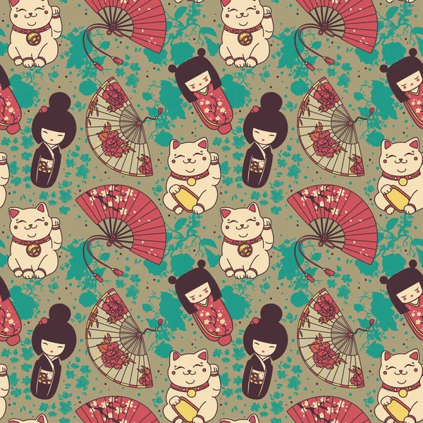 Patrón sin costuras con recuerdos asiáticos tradicionales: abanicos de papel de mano, muñecas kokeshi, flores de maneki neko y sakura — Vector de stock