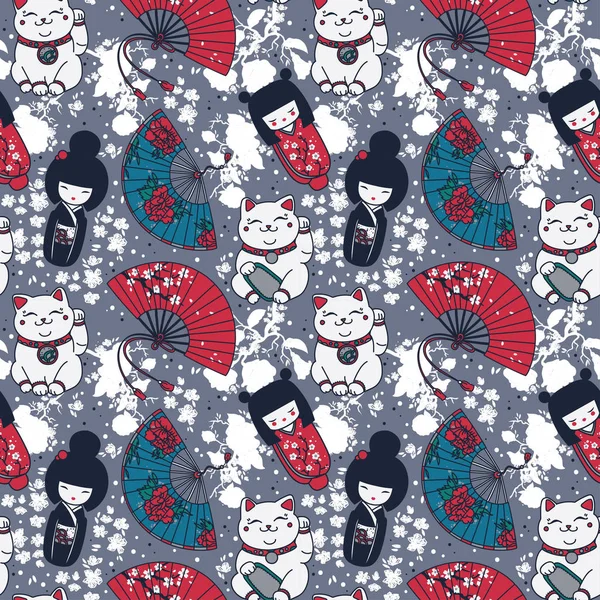 Motif sans couture avec des souvenirs asiatiques traditionnels : éventails en papier à main, poupées kokeshi, fleurs maneki neko et sakura — Image vectorielle