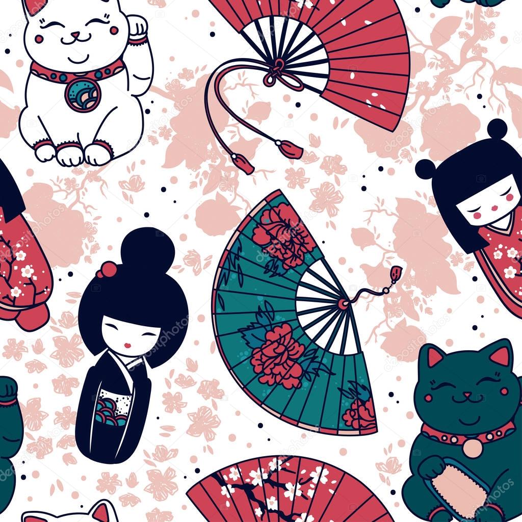 Seamless pattern with  traditional asian souvenirs: hand paper fans, kokeshi dolls, maneki neko and sakura flowers