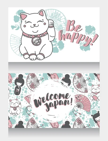 Banners för asiatiska resor med traditionella japanska souvenir - maneki neko — Stock vektor