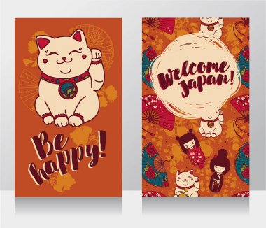 Afiş için Asya seyahat geleneksel Japon Hediyelik eşya - maneki neko, kedi rised el ile - ve sakura çiçekler ile