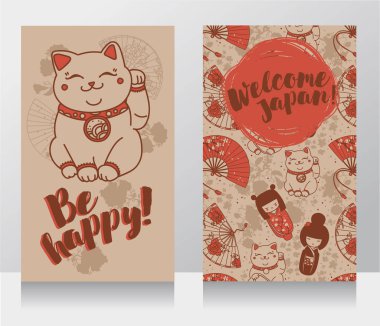 Afiş için Asya seyahat geleneksel Japon Hediyelik eşya - maneki neko, kedi rised el ile - ve sakura çiçekler ile