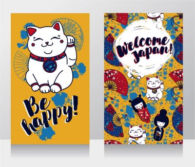 Afiş için Asya seyahat geleneksel Japon Hediyelik eşya - maneki neko, kedi rised el ile - ve sakura çiçekler ile