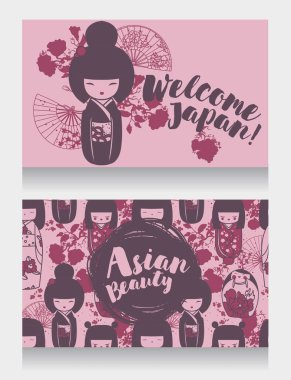 Asya Güzellik için afiş ve geleneksel Asya ahşap bebek - kokeshi - ve sakura çiçekler ile seyahat