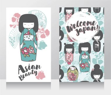 Asya Güzellik için afiş ve geleneksel Asya ahşap bebek - kokeshi - ve sakura çiçekler ile seyahat