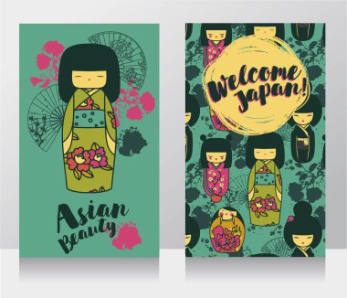 Asya Güzellik için afiş ve geleneksel Asya ahşap bebek - kokeshi - ve sakura çiçekler ile seyahat