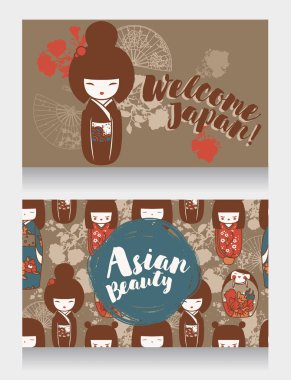 Asya Güzellik için afiş ve geleneksel Asya ahşap bebek - kokeshi - ve sakura çiçekler ile seyahat