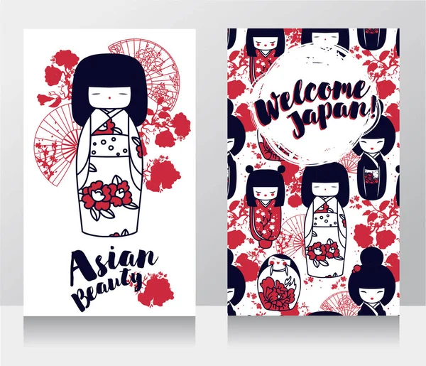 Banners para beleza asiática e viaja com bonecas de madeira asiáticas tradicionais - kokeshi - e flores sakura — Vetor de Stock