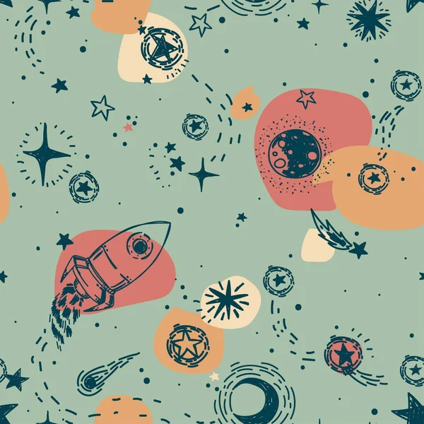Seamless pattern for journey to space with sketch stars, rocket, comets and planets, and colorful spots — Stock Vector