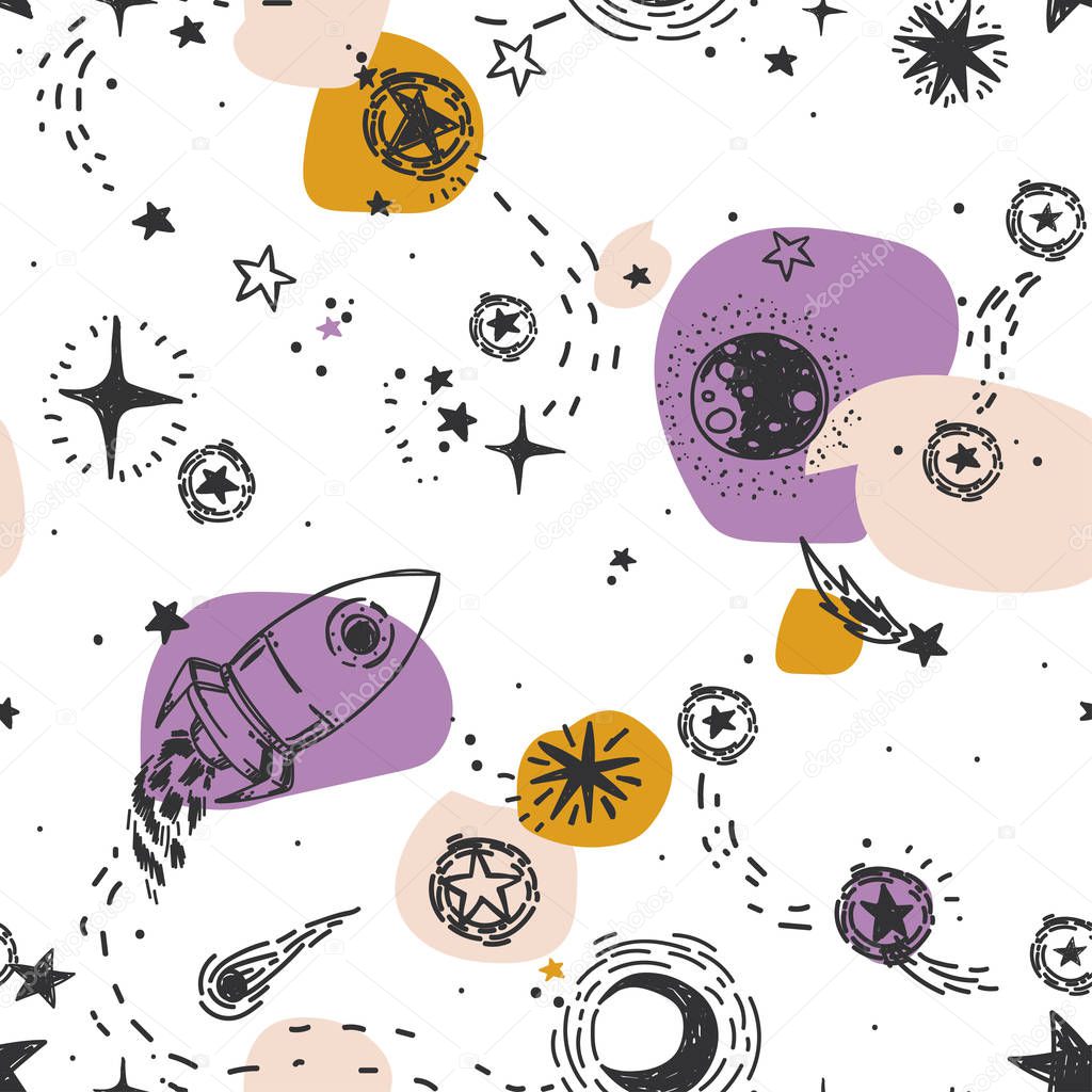 seamless pattern for journey to space with sketch stars, rocket, comets and planets, and colorful spots