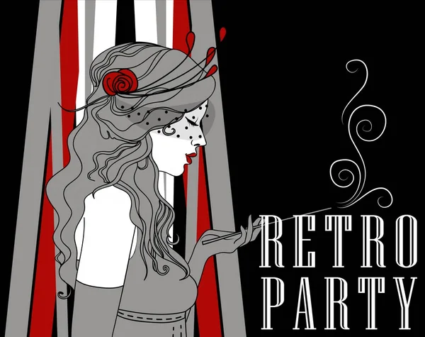 Dohányzás Flapper Gyönyörű Göndör Haja Poszteren Retro Party Vektoros Illusztráció — Stock Vector