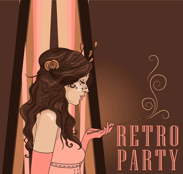 喫煙フラッパー女性ポスター レトロなパーティーのために美しい巻き毛を持つベクトル イラスト — ストックベクタ