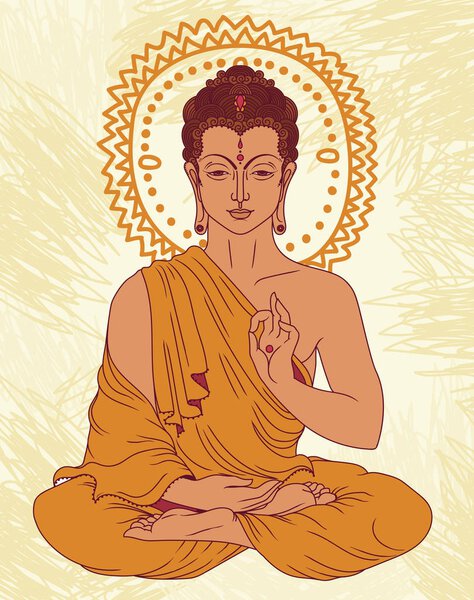 Traditional sitting Buddha in meditation, can be used as greeting card for buddha purnima, vector illustration 