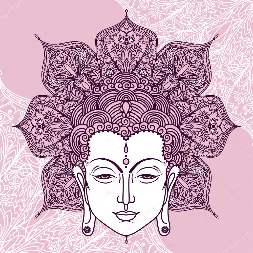 Buddha head on beautiful and magical round pattern, can be used as greeting card for buddha birthday, vector illustration 