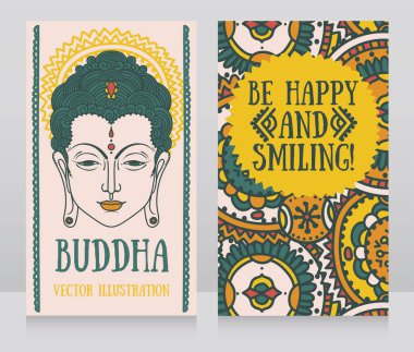 Buda baş ve etnik süsleme, iki afiş Buda doğum günü, vektör çizim tebrik kartı kullanılabilir 