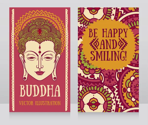 Zwei Banner Mit Buddhakopf Und Ethnischem Ornament Kann Als Grußkarte — Stockvektor