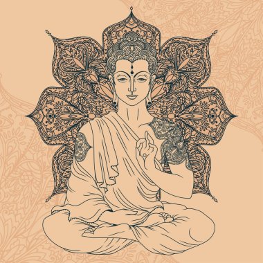 Buda güzel ve büyülü yuvarlak desen, meditasyonda tebrik kartı Buda doğum günü, vektör çizim kullanılabilir 