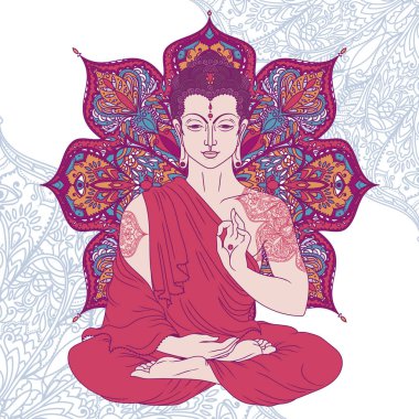 Buda güzel ve büyülü yuvarlak desen, meditasyonda tebrik kartı Buda doğum günü, vektör çizim kullanılabilir 