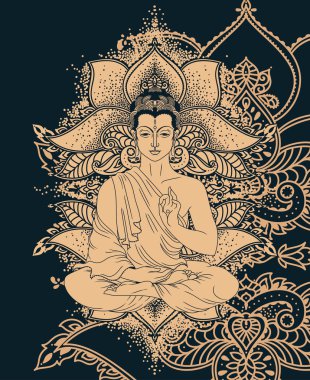 Buda güzel ve büyülü süsleme stilize lotus çiçeklerden oluşan üzerinde meditasyon Buda doğum günü, vektör çizim tebrik kartı kullanılabilir 