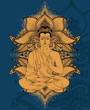 Buda güzel ve büyülü süsleme stilize lotus çiçeklerden oluşan üzerinde meditasyon Buda doğum günü, vektör çizim tebrik kartı kullanılabilir 