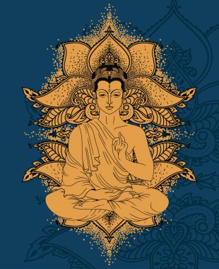 Buddha in meditation on beautiful and magical ornament formed from stylized lotus flowers, can be used as greeting card for buddha birthday, vector illustration  clipart