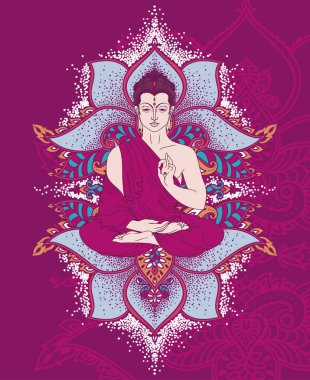 Buda güzel ve büyülü süsleme stilize lotus çiçeklerden oluşan üzerinde meditasyon Buda doğum günü, vektör çizim tebrik kartı kullanılabilir 