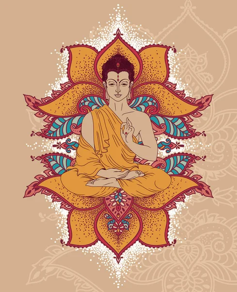 Buddha Meditation Über Schöne Und Magische Ornamente Aus Stilisierten Lotusblumen — Stockvektor