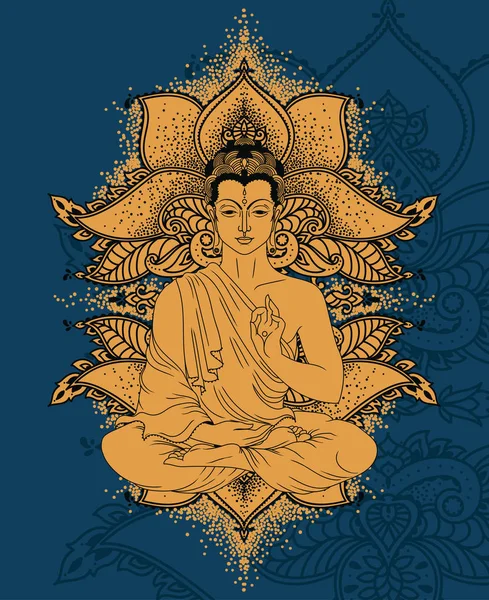 Buda Meditación Sobre Hermoso Mágico Ornamento Formado Por Flores Loto — Vector de stock
