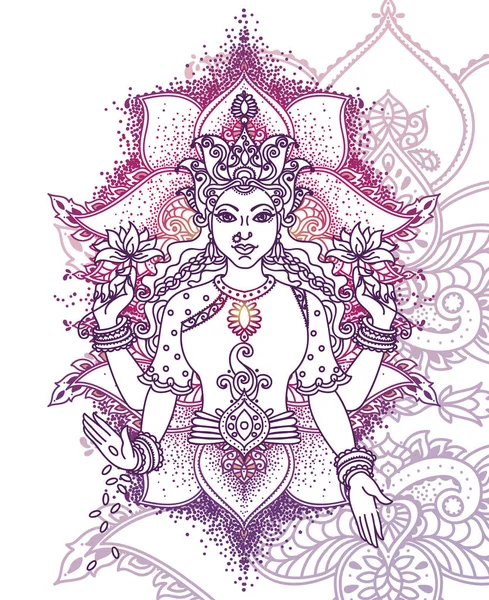 Diosa India Lakshmi Ornamento Real Puede Utilizar Como Tarjeta Para — Vector de stock