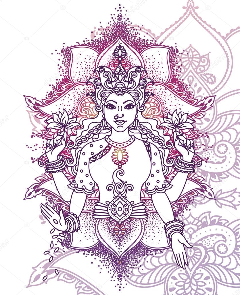 Indian goddess Lakshmi and royal ornament, can be used as card for celebration Ganesh Chaturthi, vector illustration