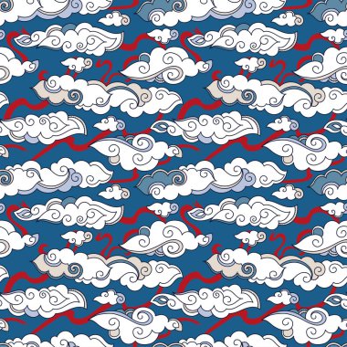 Asya tarzı bulutlar ve kurdeleler gökyüzünde, vektör çizim ile Seamless Modeli