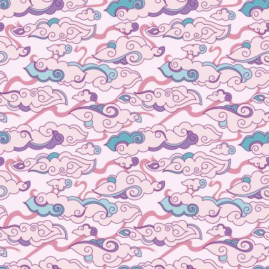 Asya tarzı bulutlar ve kurdeleler gökyüzünde, vektör çizim ile Seamless Modeli