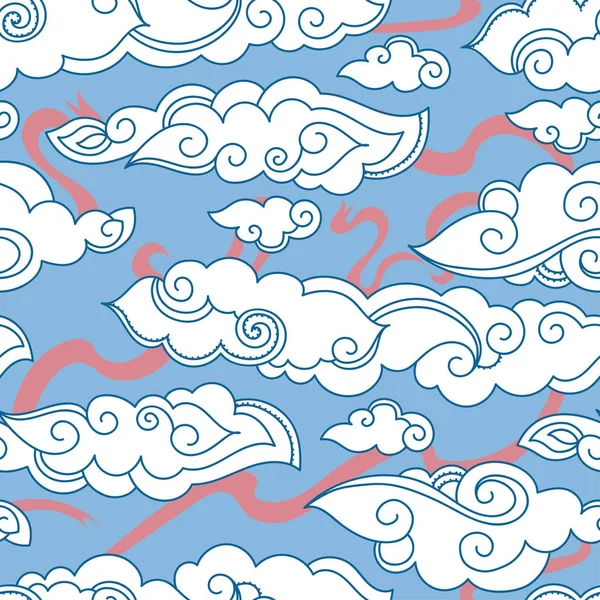 アジアン スタイルの雲と空 ベクトル図でリボンとのシームレスなパターン — ストックベクタ