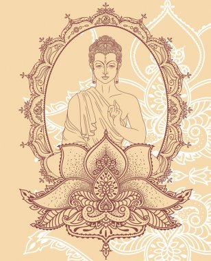 Buda güzel ve büyülü dekorasyon, meditasyonda tebrik kartı Buda doğum günü, vektör çizim kullanılabilir 