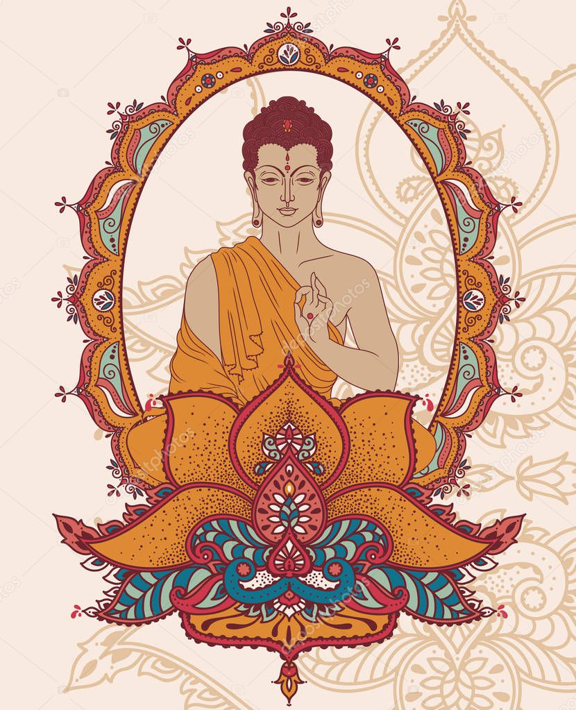 Buddha in meditation on beautiful and magical decoration, can be used as greeting card for buddha birthday, vector illustration 