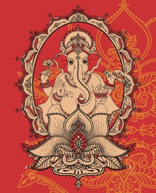 Lord Ganesha lotus ve royal Hint tarzı süsleme, oturma kutlama Ganesh Chaturthi, vektör çizim için kart olarak kullanılabilir