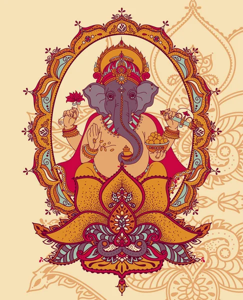 Lord Ganesha Sentado Lótus Ornamento Estilo Real Indiano Pode Ser —  Vetores de Stock