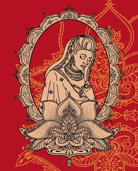 프레임 사리에서 여자의 초상화 사용할 Fesival 인사말 힌두교 일러스트 — 스톡 벡터
