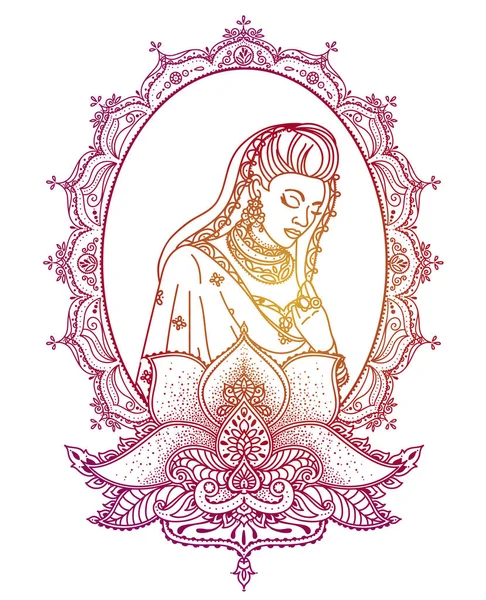 Portrait Femme Indienne Dans Saree Traditionnel Avec Beau Cadre Peut — Image vectorielle