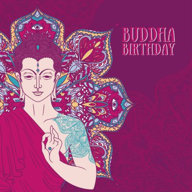 Buddha in meditation on beautiful and magical mandala, can be used as greeting card for buddha birthday, vector illustration  clipart