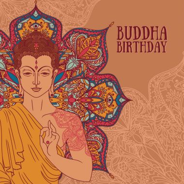 Buda güzel ve büyülü mandala üzerinde meditasyon Buda doğum günü, vektör çizim tebrik kartı kullanılabilir 