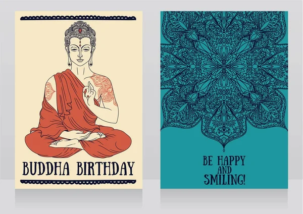 Dois Cartões Para Aniversário Buda Com Belo Ornamento Asiático Ilustração — Vetor de Stock