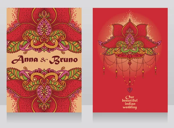 Dois Cartazes Para Belo Casamento Indiano Com Ornamento Tradicional Ilustração —  Vetores de Stock