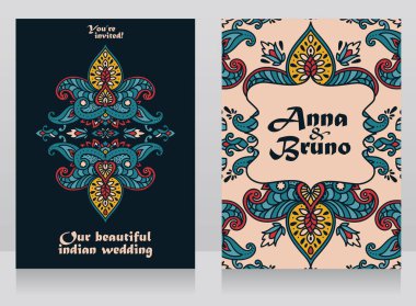 geleneksel Kraliyet süsleme, vektör çizim ile Hint tarzı düğün için iki kart