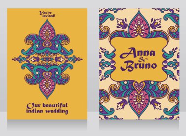 geleneksel Kraliyet süsleme, vektör çizim ile Hint tarzı düğün için iki kart