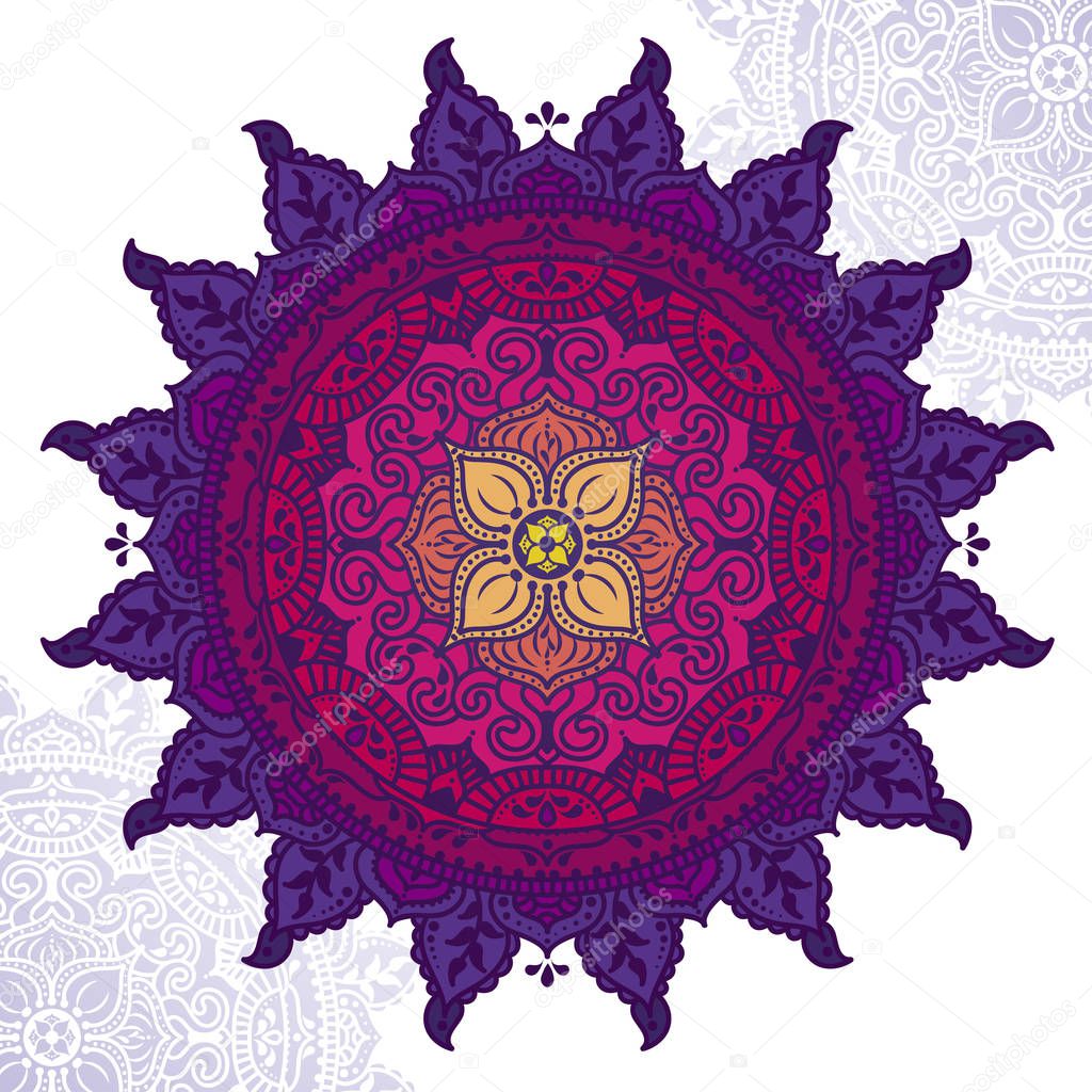 Beautiful round pattern in folkloric style, indian magical mandala, vector illustration