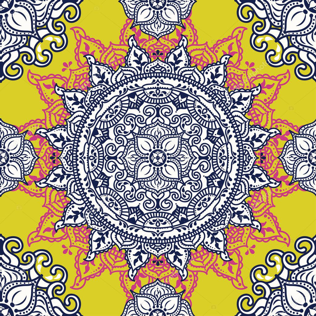 Seamless pattern with beautiful round pattern, indian style magical mandala, vector illustration