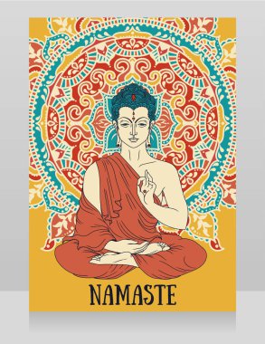 Poster with Buddha in meditation on beautiful mandala ornament, can be used as greeting card for Buddha birthday or as card for yoga studio, vector illustration  clipart