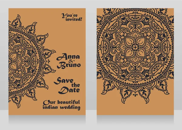 Dos Tarjetas Para Boda Estilo Indio Con Mandala Real Tradicional — Vector de stock